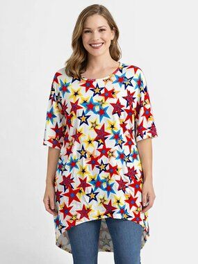 LuLaRoe Tunic Dress Sz S Stars Hi-Lo Patriotic Festival Retro Graphic Print Soft